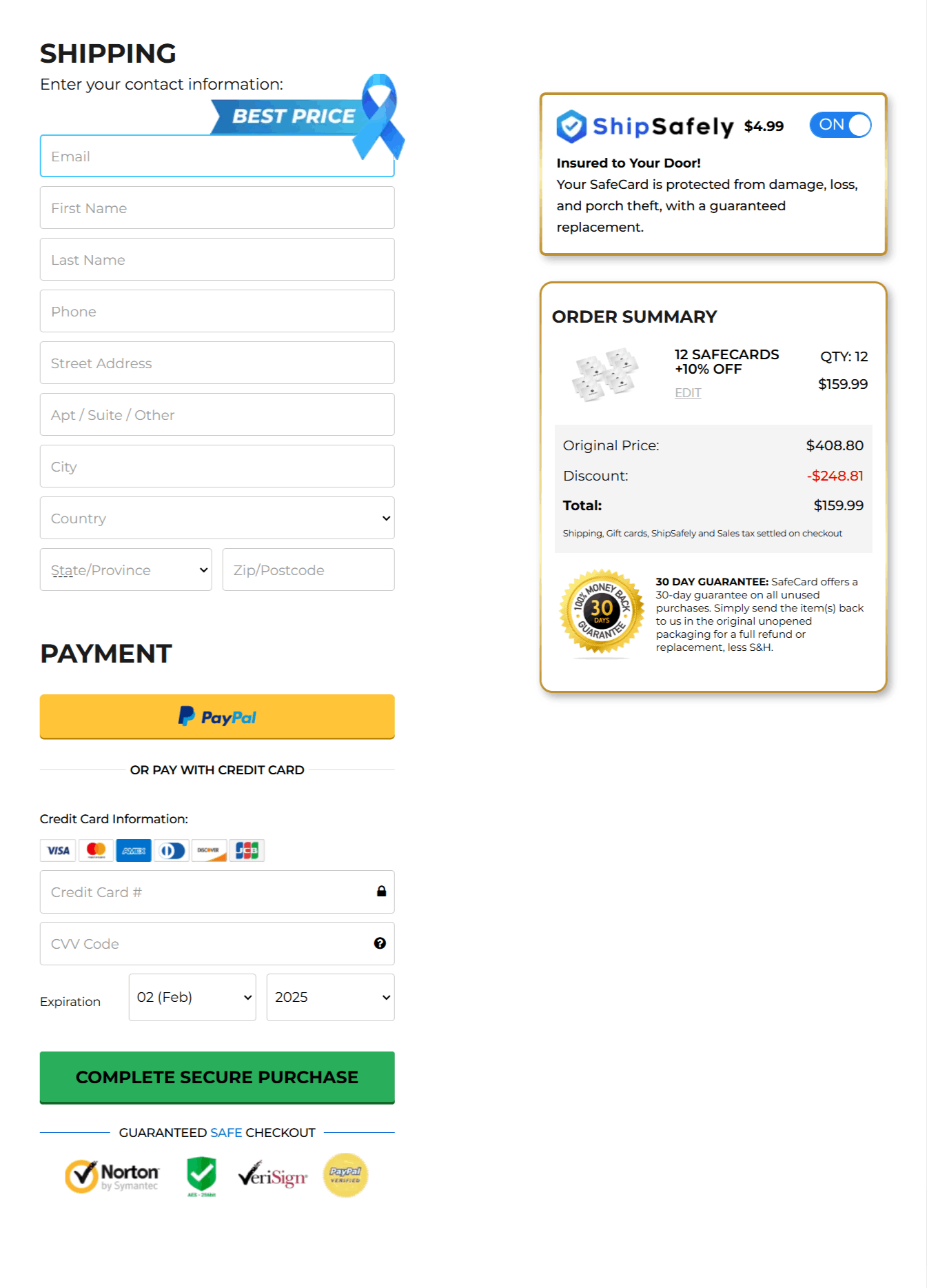 SafeCard checkout page